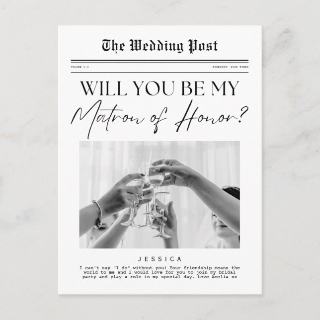 Matron of Honour Proposal US Customisable Newspape Postcard (Front)