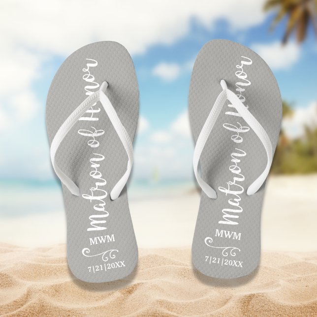 Matron of Honour Wedding Favour Name Monogram Grey Jandals (Creator Uploaded)