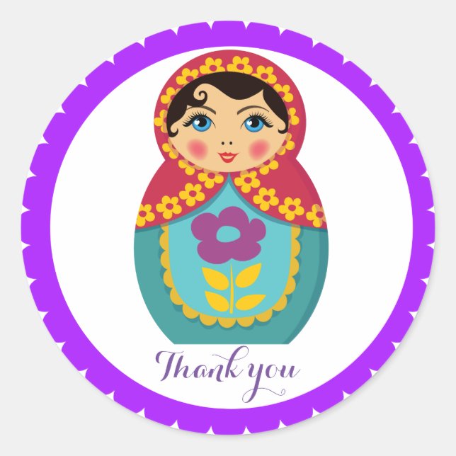 Matryoshka in Violet Border on White  Classic Round Sticker (Front)
