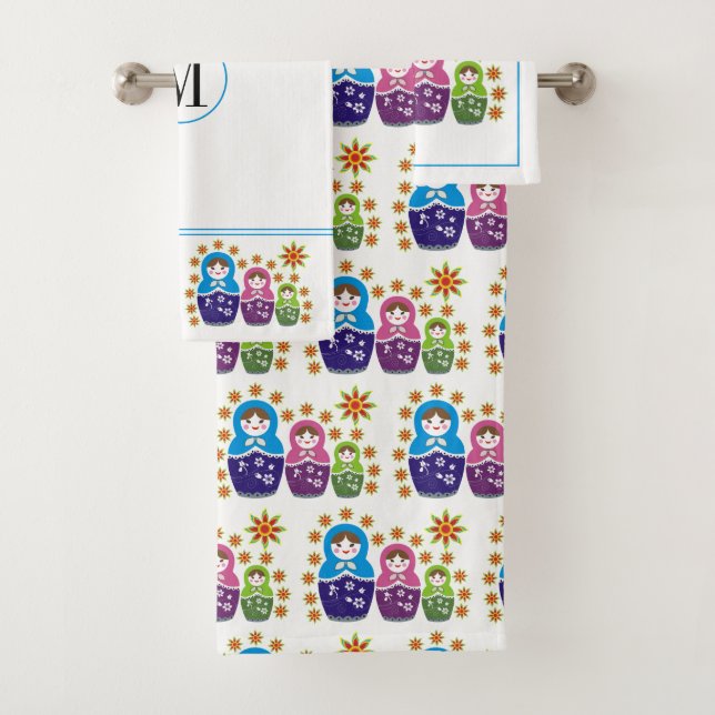 Matryoshka Russian dolls with monogram Bath Towel Set (Insitu)