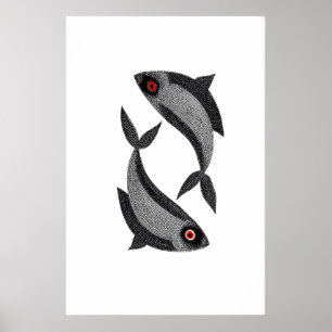 Matsya Duo Art Print Hand-Drawn Fish, Black and