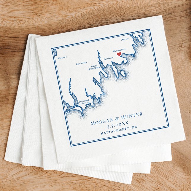 Mattapoisett MA Elegant Navy Blue Wedding Napkin (Mattapoisett Wedding Cocktail Napkins in elegant navy blue by Coastal Map Designs)