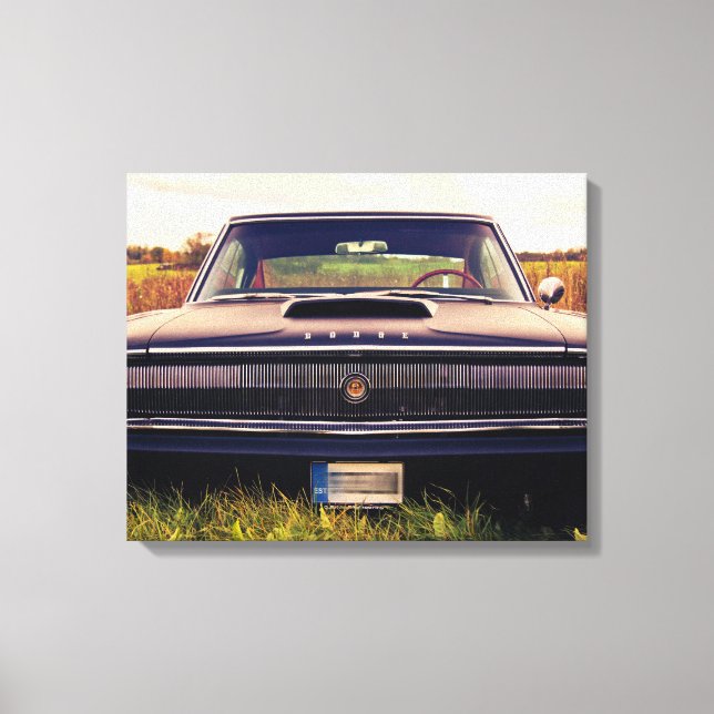 Matte Black 1966 Dodge Charger on Grass Canvas Print (Front)