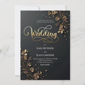 Matte Black & 3D Gold Leaf Botanical Motifs Invitation