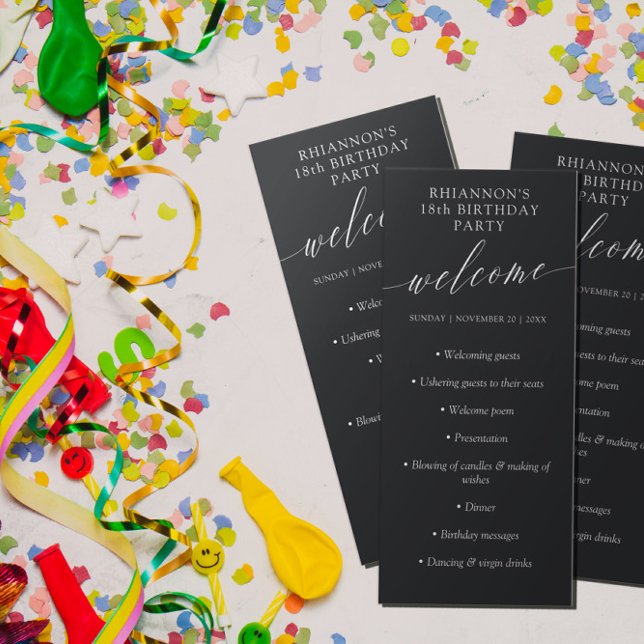 Matte Black Delicate Calligraphy Birthday Party Programme (Creator Uploaded)
