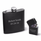 Matte Black Engraved Lighter Set with Steel Flask