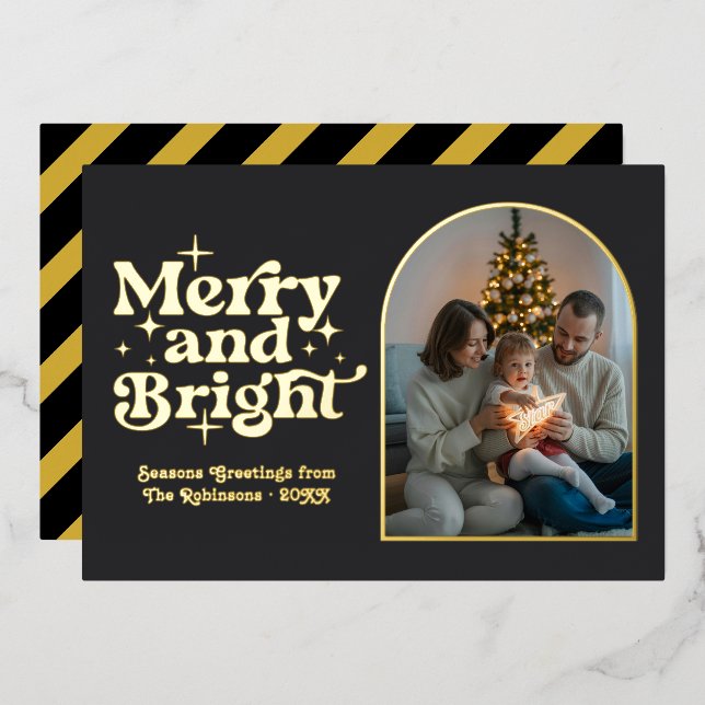 Matte Black & Gold Modern Retro Christmas Photo (Front/Back)