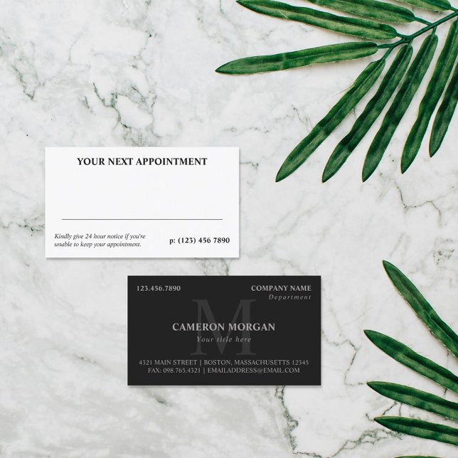 Matte Black Grey Monogrammed Professional Appointment Card (Creator Uploaded)
