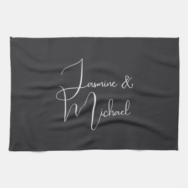 Matte Black Handwriting Couple Names Wedding Tea Towel (Horizontal)
