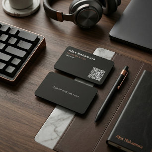 Matte Black Minimal QR Code Tech Founder Startup  Business Card