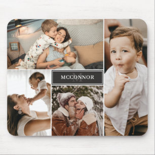 Matte Black Modern 4 Photo Collage & Name Mouse Pad