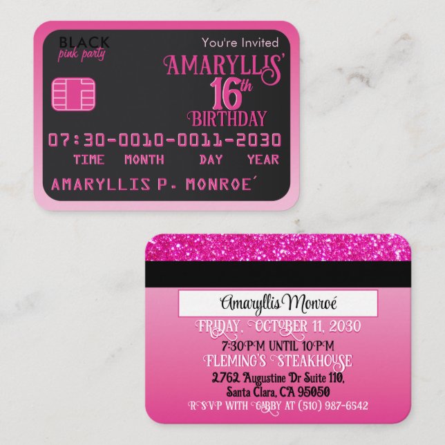 Matte Black Pink Credit Card Birthday Invitations (Front/Back)