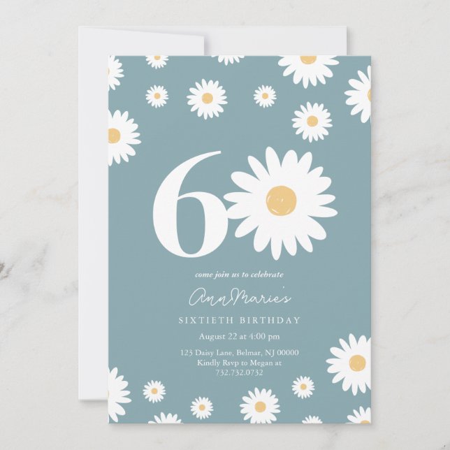 Matte Blue Daisy 60th Birthday Invitation (Front)