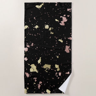 Matte Gold and Rose Gold Flakes Black Beach Towel