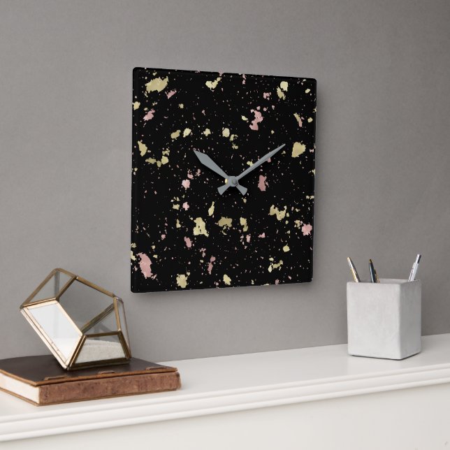 Matte Gold and Rose Gold Flakes Black Square Wall Clock (Office)