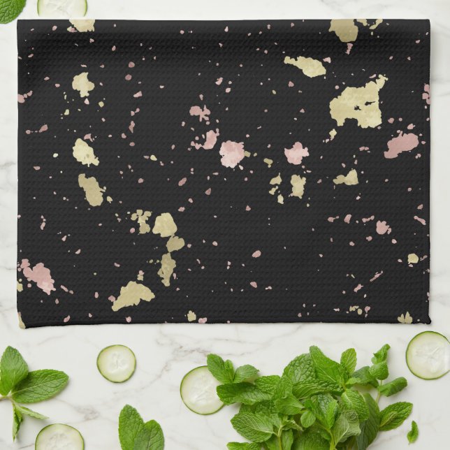 Matte Gold and Rose Gold Flakes Black Tea Towel (Folded)