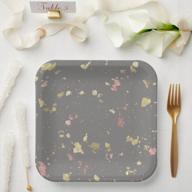 Matte Gold and Rose Gold Flakes Dark Warm Grey Paper Plate (Wedding)