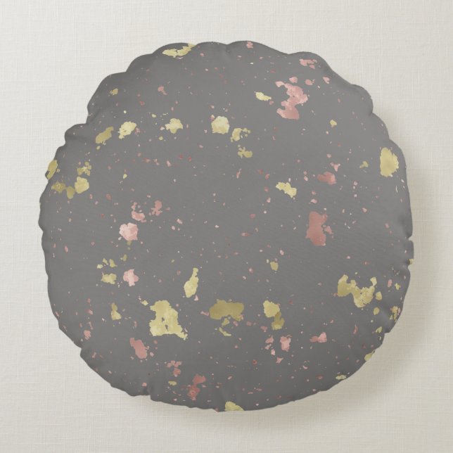 Matte Gold and Rose Gold Flakes Warm Dark Grey Round Cushion (Front)
