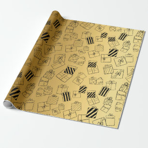 Matte Gold Background Reindeer, Snowman & Presents Wrapping Paper