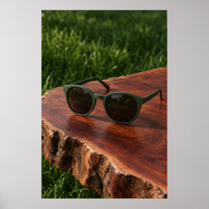 Matte Green Sunglasses on Red Wood Editorial Print