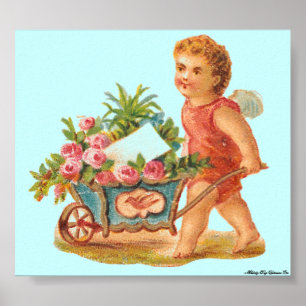 MATTE ON CANVAS VICTORIAN ERA CUPID & ROSE CART POSTER
