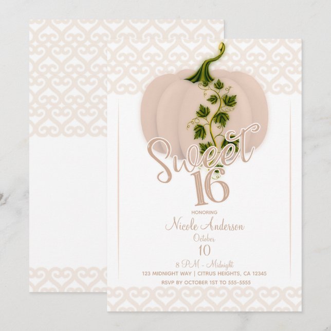 Matte Pink Pumpkin Sweet 16 Hearts Birthday Party Invitation (Front/Back)