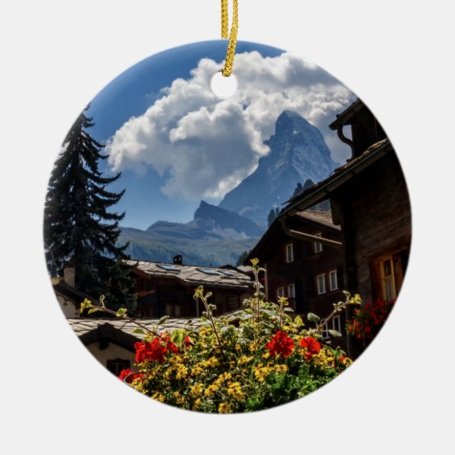Matterhorn and Zermatt village houses, Switzerland Ceramic Tree Decoration (Front)