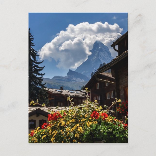 Matterhorn and Zermatt village houses, Switzerland Postcard (Front)