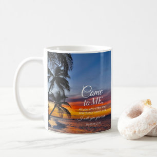 Matthew 11:28 Bible Verse Palm Trees Sunset Coffee Mug