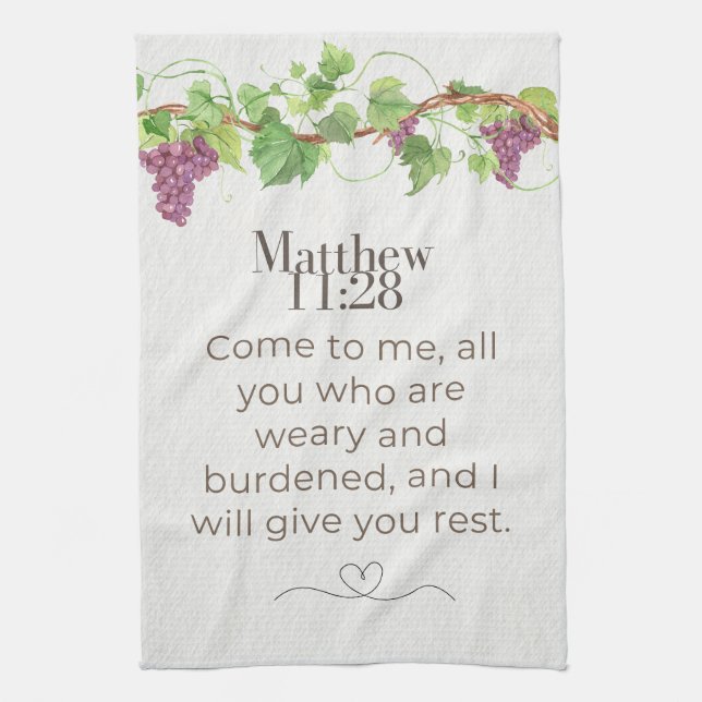 Matthew 11:28 Come to Me Scripture | Grapevine Tea Towel (Vertical)