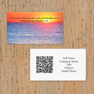 Matthew 11:28 Ocean Red Sunset QR code Business Card