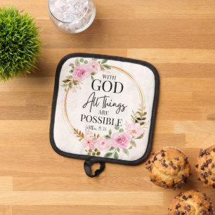 Matthew 19:26 Possible with God Pink Floral Pot Holder