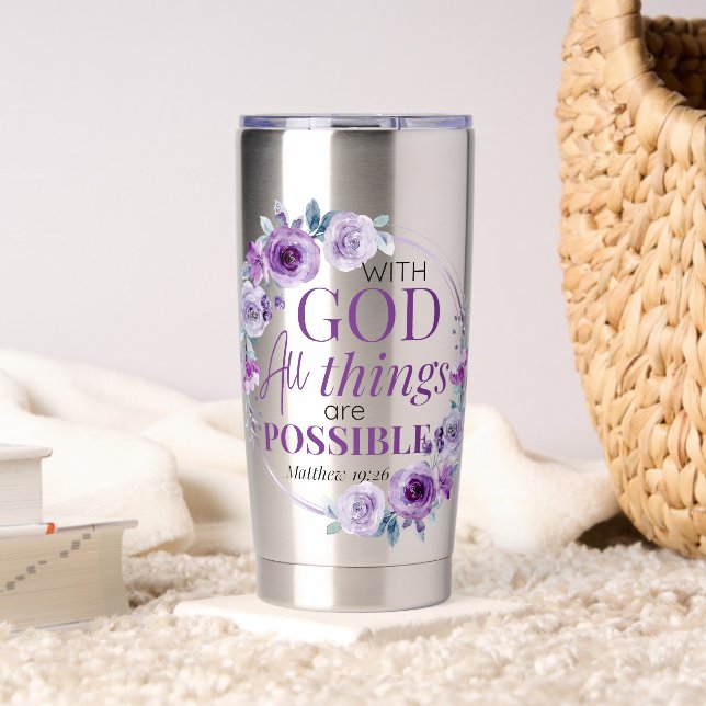 Matthew 19:26 Possible with God Purple Floral Insulated Tumbler (Living Room (Rotated))