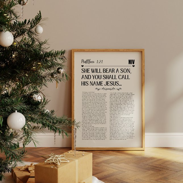 Matthew 1:21 Christmas Wall Print (A framed Christian scripture print with text from psalm Matthew 1:21 in bold black on a beige paper.)