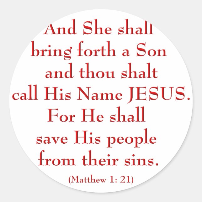 Matthew 1: 21 classic round sticker (Front)
