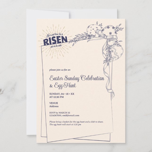 Matthew 28:6 He Is Risen Religious Easter Eggs Invitation (Front)