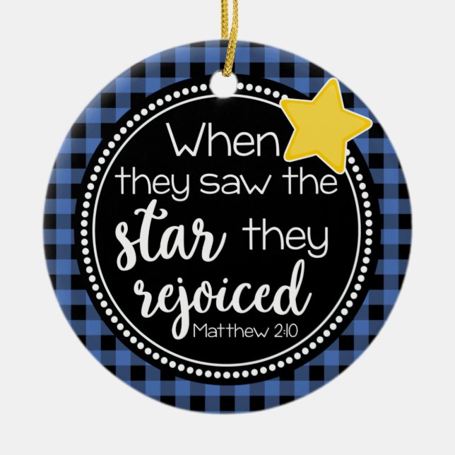 Matthew 2:10 Star Rejoiced Religious Plaid Ceramic Tree Decoration (Front)