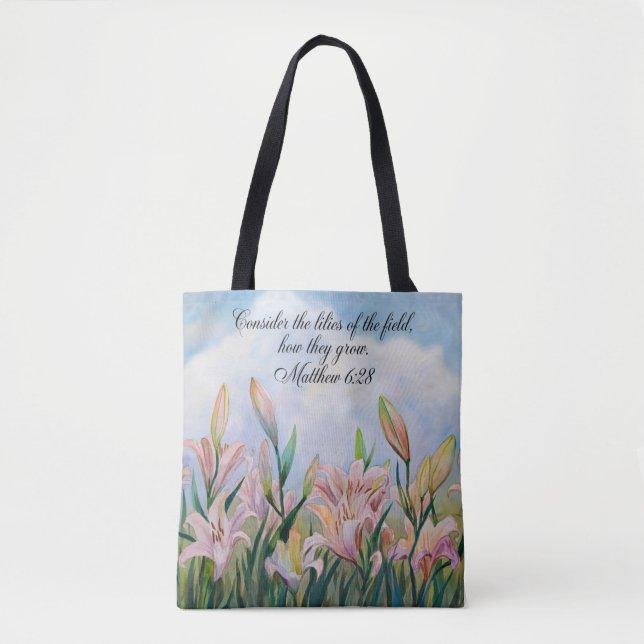 Matthew 6:28 Watercolor Lilies Tote Bag (Front)