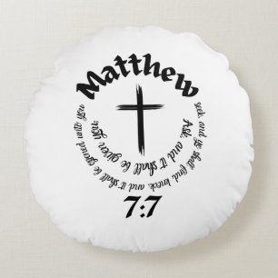 Matthew 7:7 Circular Bible Verse And Centre Cross Round Cushion