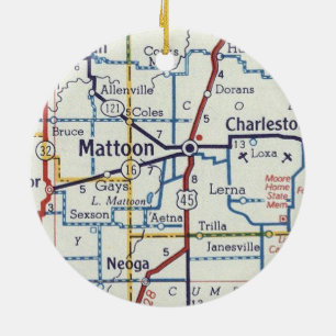 Mattoon IL Vintage Map Ceramic Tree Decoration