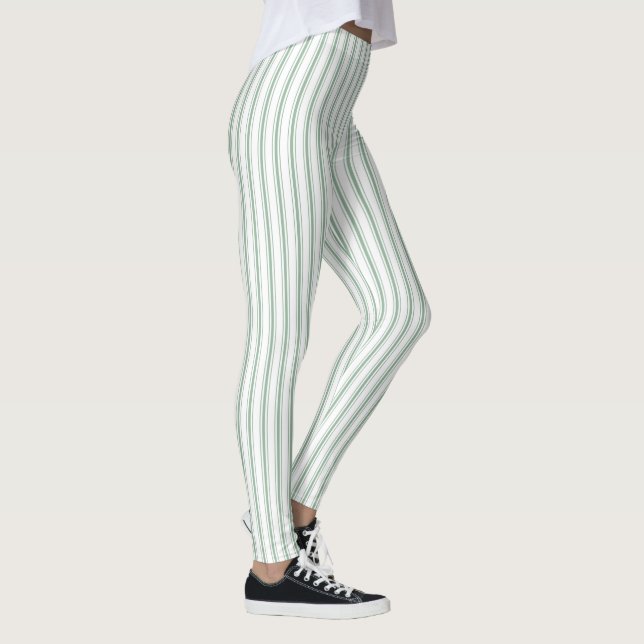 Mattress Ticking Striped Pattern Moss Green White Leggings (Right)