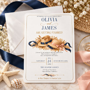Mature Couple Casual Summer Wedding Navy Gold Hats Invitation