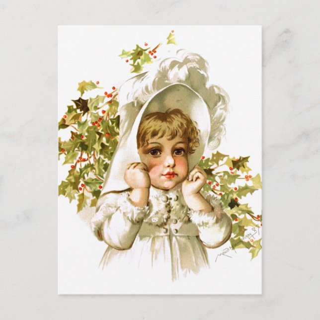 Maud Humphrey: Autumn Girl with Holly Postcard (Front)