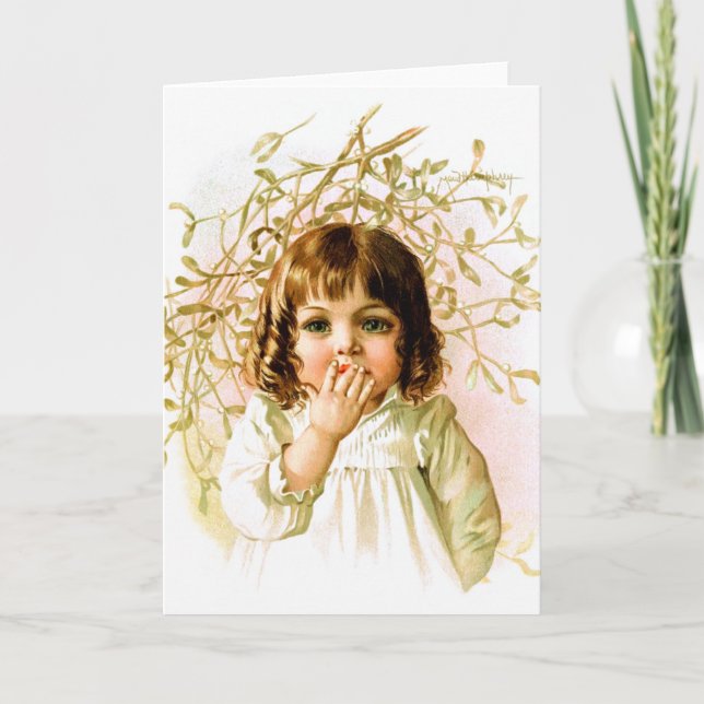 Maud Humphrey: Winter Girl under Mistletoe Holiday Card (Front)