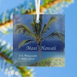 Maui Hawaii Beautiful Custom Keepsake Beach House Glass Tree Decoration<br><div class="desc">Beautiful bold blues behind a green palm tree on tropical island photography for people who love Maui,  Hawaii. Personalize this pretty beach house keepsake Christmas ornament with your family name and year.</div>