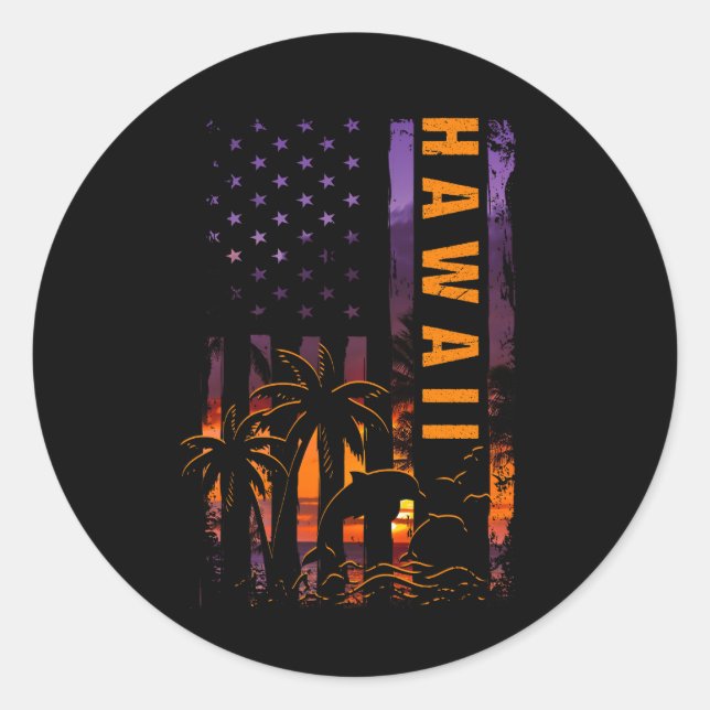 Maui Hawaii Sunset American Flag Honolulu Hawaiian Classic Round Sticker (Front)