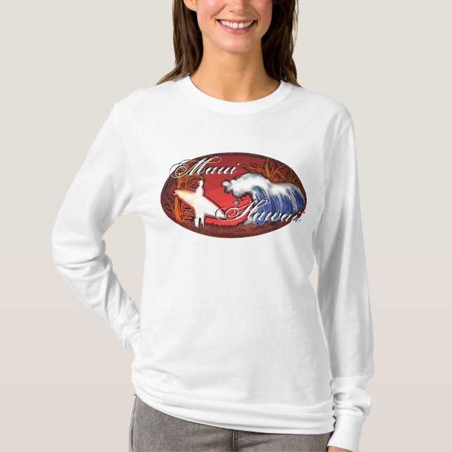 Maui Hawaii surfer waves ladies beach art hoodie T-Shirt (Front)