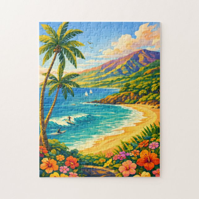 Maui Hawaii Tropical Coastline Retro Travel Jigsaw Puzzle (Vertical)