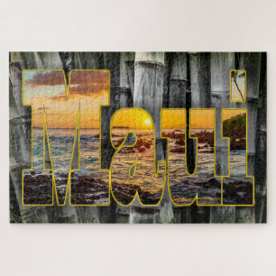 Maui Sunset Graphics on Bamboo Background Jigsaw Puzzle