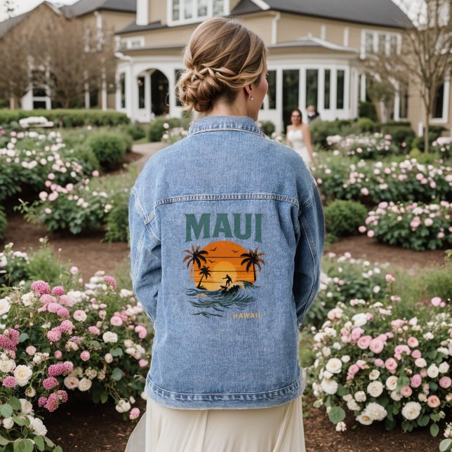 Maui Surf Vibes – Retro Hawaii Sunset Design Denim Jacket (Wedding Back)